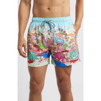 Boardies Dino Takeover Mid Length Swim Trunks in Blue Multi at Nordstrom, Size Xx-Large