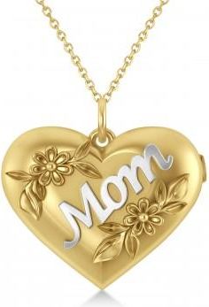 Allurez Flower Adorned Mom Heart Locket Necklace 14k Yellow Gold