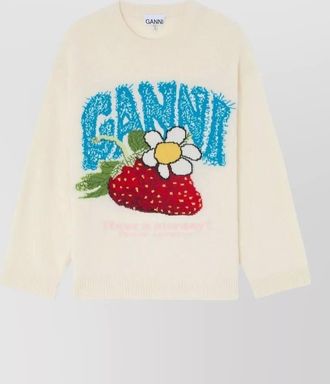 Ganni wool oversized strawberry-intarsia crew-neck sweater