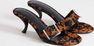 Topshop Nadine - Sabot in pelle con tacco medio e fibbia in cavallino con stampa leopardata-Marrone