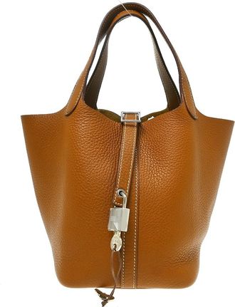 Herm&egrave;s Picotin Cl&eacute;mence Brown Leather Handbag (Pre-Owned)