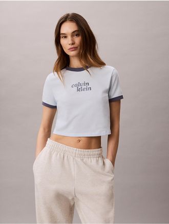 Calvin Klein Jeans Calvin Klein Womens Logo Graphic Cropped Ringer T-Shirt - Light/Pastel Blue - XL