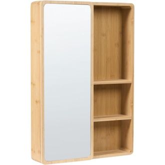 Beliani Armario con espejo de pared para baño con puerta corredera 61 x 41 cm con 3 estantes de madera de bambú marrón claro Guatavita