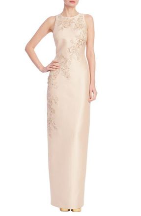 Badgley Mischka Floral Embroidered Column Gown in Champagne at Nordstrom, Size 8