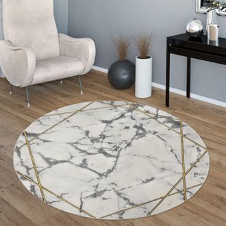 Paco Home Paco Home - Alfombra Sala De Estar Oro- Gris Dise&ntilde;o De M&aacute;rmol Suave L&iacute;neas En 3-d Alta Calidad Pelo Corto &Oslash; 120 Cm Redon