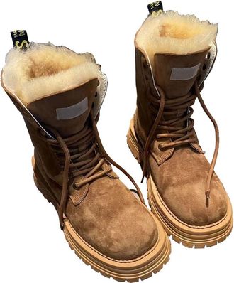 Generic Women winter mid length snow boots with thick sole increased height and plush thick insulation and anti freezing snow boots (yellow,5.5)