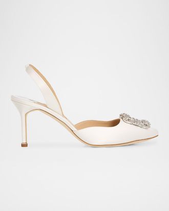 Manolo Blahnik 70mm Hangisli Satin Slingback Pumps with Crystal Buckle
