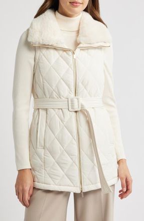 Anne Klein Belted Quilted Faux Fur Collar Vest in Anne White at Nordstrom, Size Large