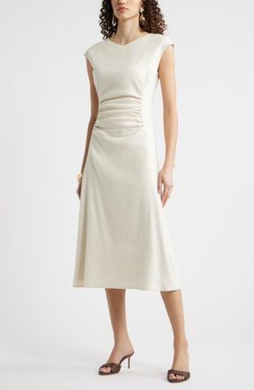 Nordstrom Linen Blend Ruched Midi Dress in Ivory Birch at Nordstrom, Size Xx-Large
