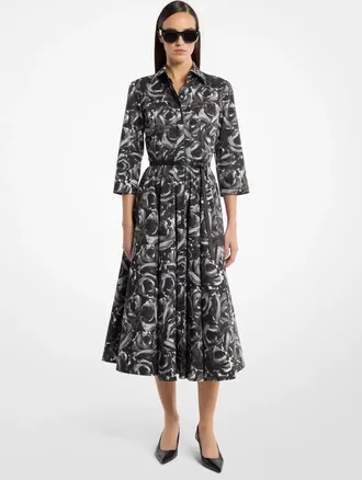 Michael Kors Floral Cotton Poplin Belted Quarter-Sleeve Shirtdress