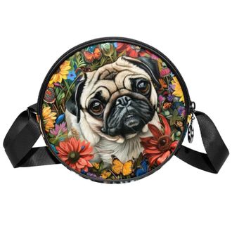 Generic Circle Crossbody Bag for Women, Flower Pug Dog Small Sling Bag Daypack with Zipper Adjustable Shoulder Straps Casual Ladies Girls Round Purse