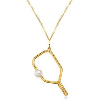 Allurez Cultured Pearl Ball & Pickleball Paddle Pendant Necklace 14K in Yellow Gold at Nordstrom, Size 18