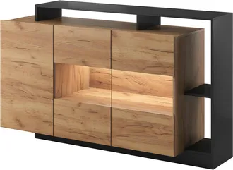 Vente-Unique Aparador de 3 puertas y 3 estantes - Con LEDs - Color: natural y antracita - IDESIA