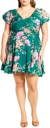 City Chic Marci Pleated Bodice Floral Print Tie Back Dress in Jade Sweet Blossom at Nordstrom Rack, Size Xxl/24W