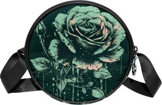 Generic Circle Crossbody Bag for Women, Green Black Rose Small Sling Bag Daypack with Zipper Adjustable Shoulder Straps Casual Ladies Girls Round Purse