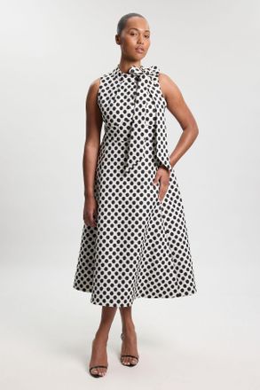 Karen Millen Womens Plus Size Spot Jacquard Tailored Bow Neck Full Skirted Midi Dress - Multicolour - Size 18 UK