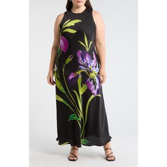 Sugarlips Varkey Saisha Floral Satin Midi Dress in Purple-Black at Nordstrom, Size 1X
