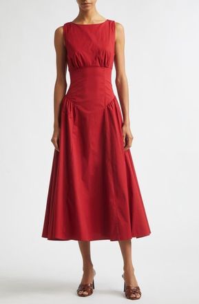 Staud Gwen Drop Waist A-Line Midi Dress in Rouge at Nordstrom, Size 16