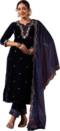 Ishin Ladies Navy Embroidered Velvet Kurta Set with Trousers and Dupatta, Navy Blue, XL