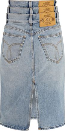 Fiorucci Womens Midi Denim Skirt With Triple Layer Light Blue Cotton