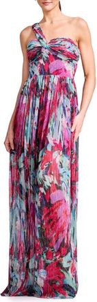 Dress The Population Idalia Metallic Abstract Floral Print One-Shoulder Gown in Bright Fuchsia Multi at Nordstrom, Size Xx-Small
