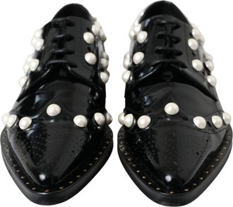 Dolce & Gabbana Black Leather Faux Pearl Dress Broque Womens Shoes (Pre-Owned)