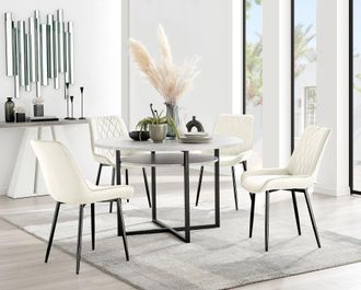 Furniturebox Adley Grey Concrete Effect & Black Round Dining Table with Shelf & 4 Velvet Pesaro Dining Chairs in Cream