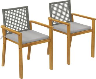 OUTSUNNY Juego De 2 Sillas De Jard&iacute;n Exterior De Madera, Sillas De Jard&iacute;n Apilables Con Cojines Desmontables, Brazos, Respaldo, 59x55x86 Cm, Natural