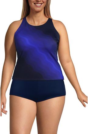 Lands End Plus Size DD-Cup Tugless High Neck Strappy Back Tankini Swimsuit Top in Blue Wavy Ombre at Nordstrom, Size 24W