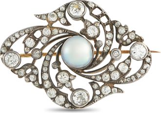 Luxury Bazaar Antique Edwardian 14K Rose Gold and Silver 3.0ct Diamond and Pearl Brooch MF02-051326