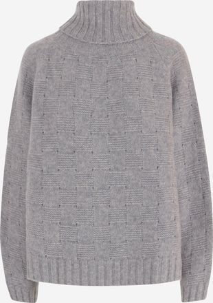 Allude Grey Geometric Pattern Cashmere Silk Turtleneck Sweater
