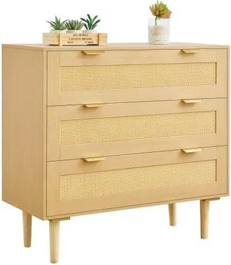 OEM C&oacute;moda De Rat&aacute;n Con 3 Cajones, Tiradores Y Patas Met&aacute;licas, Amplio Espacio De Almacenamiento, Mueble Moderno Para Dormitorio, Sal&oacute;n O Recibidor, 800 X
