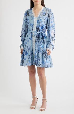 Kobi Halperin Beli Tie Waist Long Sleeve Dress in Powder Blue Multi at Nordstrom, Size Xx-Large