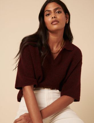 Nobody's Child Burgundy Knitted Collar T-shirt