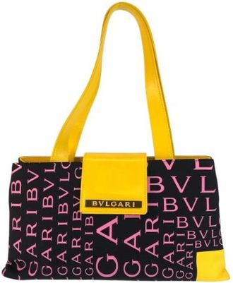 Bulgari Pre-owned Logo Mania Canvas Leather Shoulder Tote Bag - Dames - Vintage Handtas - Zwart - ONE Size - Leer - Vintage