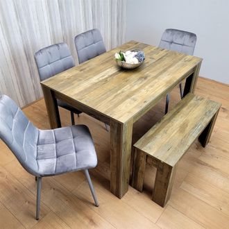 Kosy Koala Modern Rustic Dining Table Set Wooden Table with 4 Grey Velvet Chairs & Bench - Dining Furniture Set in Brown