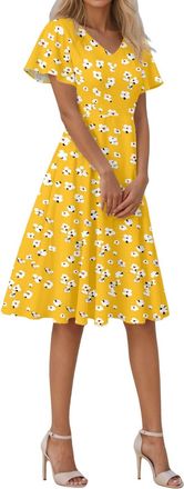 Generic Summer Dresses for Women Short Sleeve V-Neck Floral Wrap Waist Casual Dress Casual Plus Size Bohemian Floral Midi Summer Beach Swing Boho Dress Holida