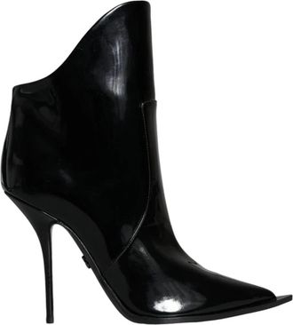 Dolce & Gabbana Zwarte Patentleren Logo Enkellaarzen - Dames - Laarzen met Hak - Zwart - 38 1/2 EU - Katoen - Schoenen