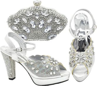 Generic Womens Peep-Toe Pumps Luxury Rhinestone Hollow Out Design Bag and Shoes Matching Set for Bride Wedding Silver