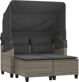 vidaXL Sof&aacute; De Jard&iacute;n 2 Plazas Con Toldo Y Taburetes Rat&aacute;n Pe Gris Vidaxl