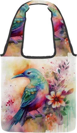 Generic Watercolor Bird Floral Reversible Canvas Shoulder Tote - Double-Sided Print, 12oz Cotton, 27cm Drop, Fold-Flat Bag for Travel, Shopping, Street Outing
