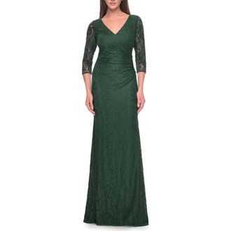 La Femme Stretch Lace Evening Dress with Ruching in Dark Emerald at Nordstrom, Size 14
