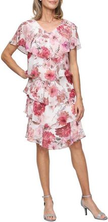 S.L. Fashions Floral Tiered Ruffle Chiffon Dress in Pink Multi at Nordstrom, Size 10