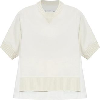 sacai Top van gemengde materialen - Dames - Ronde hals truien - Beige - M - Katoen - Truien & Vesten