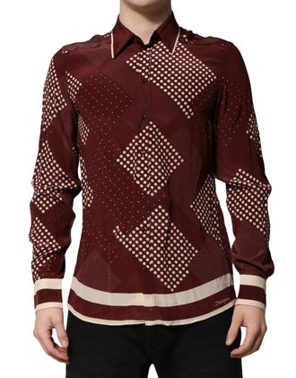 Dolce & Gabbana Mens Maroon Dotted Silk Long Sleeve Casual Shirt