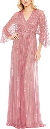Mac Duggal Striping Kimono Sleeve V Neck Gown