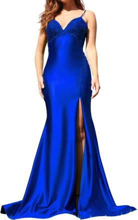 Faviana Satin Beaded Long Gown In Royal