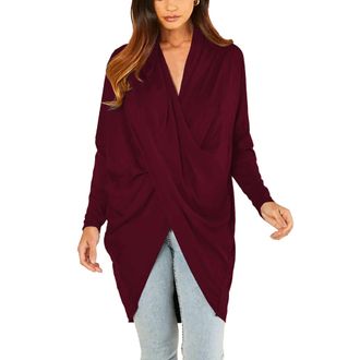 Generic Womens Asymmetric Cross Over Draped Long Sleeve Loose Fit Top - BLACK NAVY KHAKI RED CHARCOAL WINE BROWN BLUE - MEDIUM - 2 X-LARGE (as8, alpha, x_l, 2