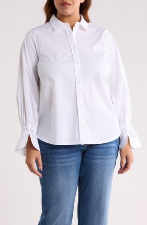 Liverpool L.A. Smock Sleeve Cuff Cotton Poplin Button-Up Shirt in White at Nordstrom, Size 2 X