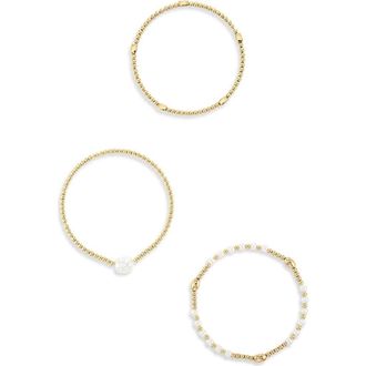 Nordstrom Rack Demi Fine Set of 3 Faux Pearl Beaded Stretch Bracelets in White- Gold at Nordstrom Rack
